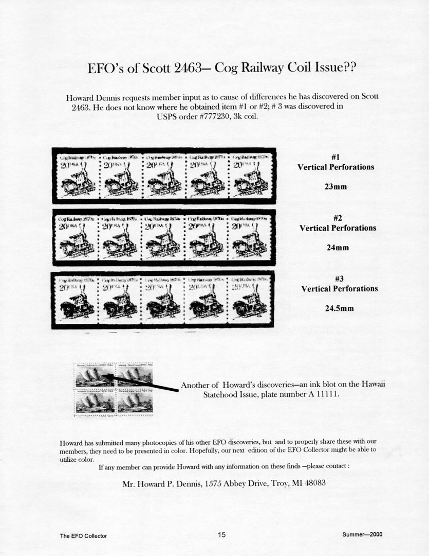 stamp errors, stamp errors, EFO, Dennis, Scott 2463, Cog RailwayCoils Issue, ink blot on Hawaii Statehoos Issue