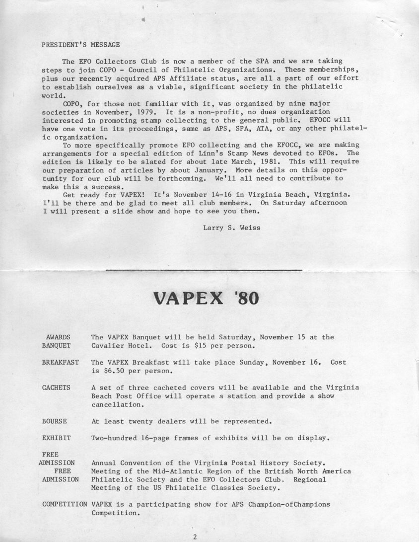 stamp errors, stamp errors, EFO, President's Message, Weiss, SPA, COPO, Council of Philatelic Organizations, APS Affiliate, Linn's Stamp News, VAPEX 80