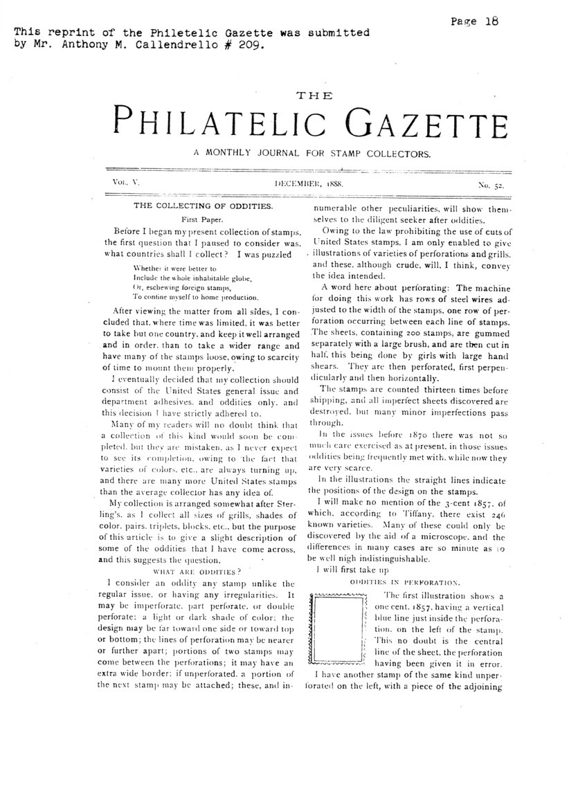 stamp errors, stamp errors, EFO, The Philatelic Gazette, Callendrello, Philatelic Gazette, 1888, The Collecting of Oddities, oddity, 1870, Tiffany, 1857